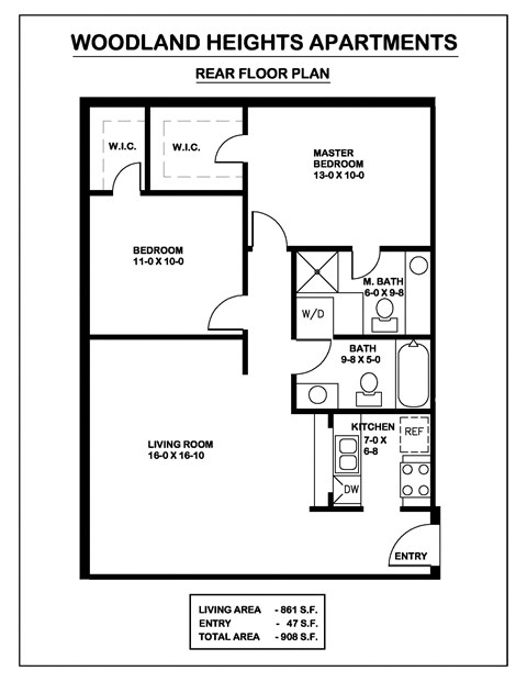 Floor plan for 2 beds, 2 baths, 908 sqft